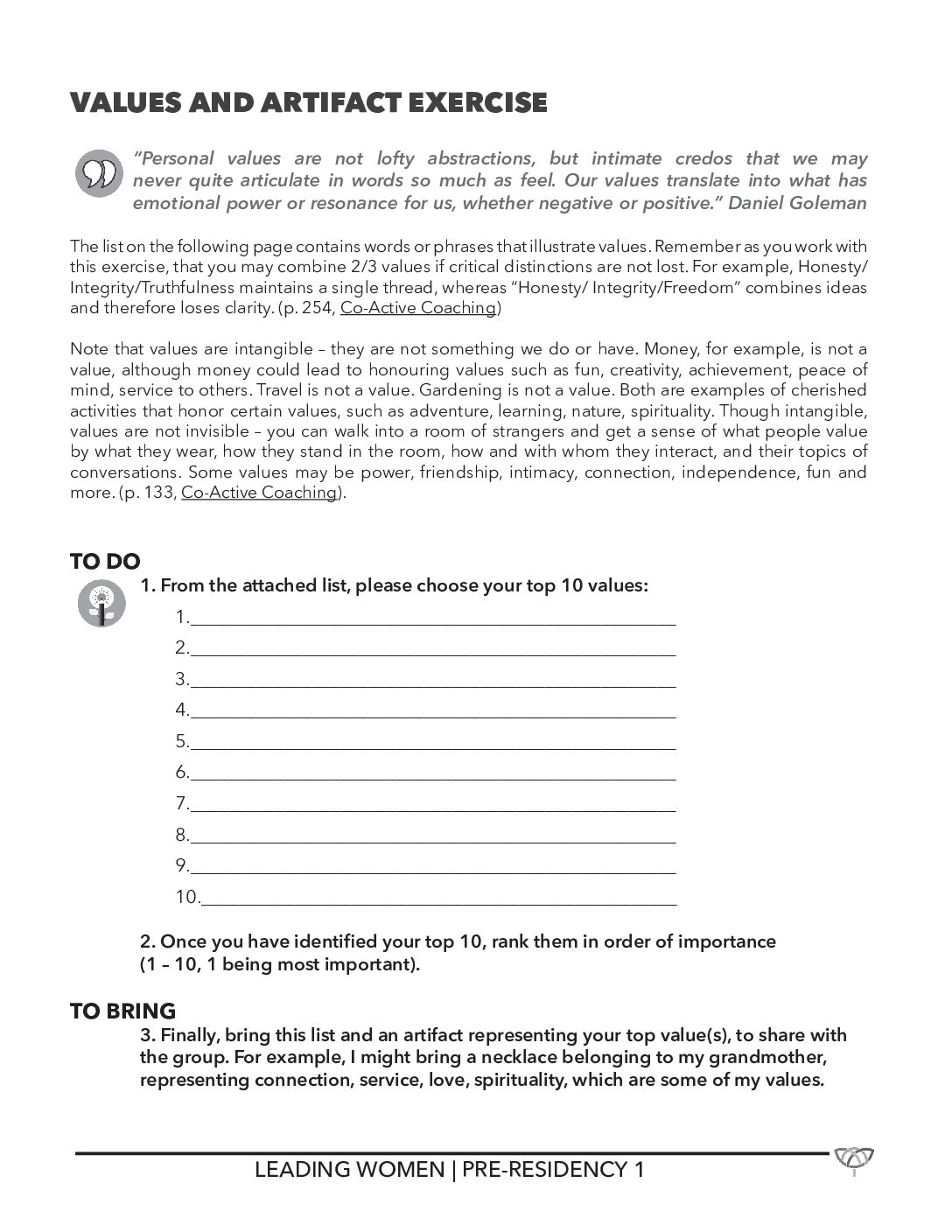 First page of Core Values exercise